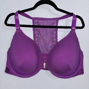 Cacique 46DDD Lightly Lined Front Closure T-Shirt Bra Purple Lace Racerback